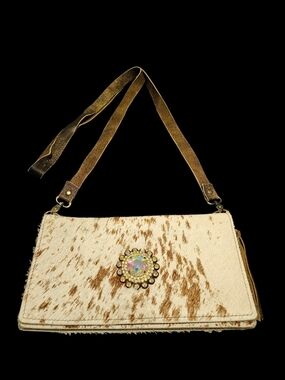 Ivory and Brown Cowhide Crossbody Bag with Jewel Accent